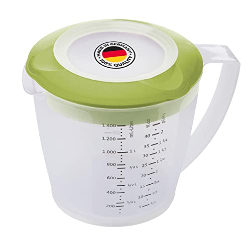Westmark Vaso mezclador/medidor con protector contra salpicaduras, Tapa y pico, Plástico, Capacidad: 1,4 litros, Helena, Transparente/verde, 3105227A