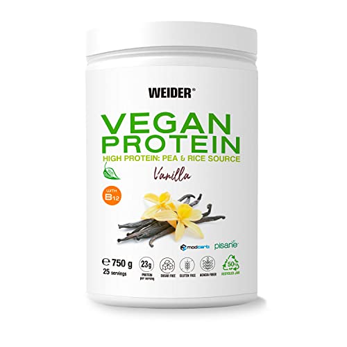 Weider Vegan Protein (750g) Sabor Vainilla. Proteína Vegana 23g/dosis Aislada Guisante (Pisane) y Arroz. Con Vitamina B12 y Stevia. Sin Gluten, Sin Azúcar. Bote 50% Reciclado, 100% Reciclable
