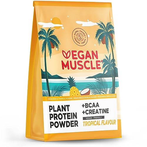 Proteína Vegana Vegan Muscle - Sabor Tropical - Vegan Proteina vegetal de Guisante, Arroz y semillas Germinadas - Enriquecido con BCAA y Creatina monohidratada - 600 gr proteina para masa muscular