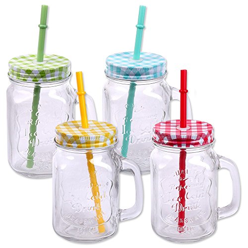 Schramm® 4 Unidades de Vasos con Tapa, Mango Paja Reutilizable Paja para Beber Aprox. 500ml Vasos de Vidrio Reutilizables (III) Vaso para Beber