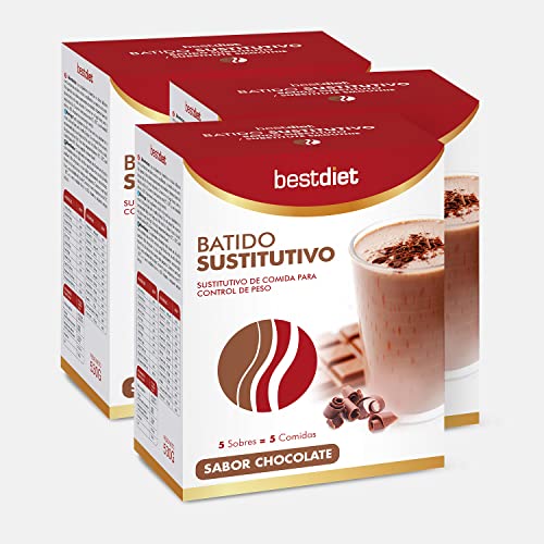 BestDiet - Batidos sustitutivos de chocolate, alto en proteínas, vitaminas y minerales, suplemento alimenticio. Pack 3 cajas de 230 g, cada caja con 5 sobres de 46 g